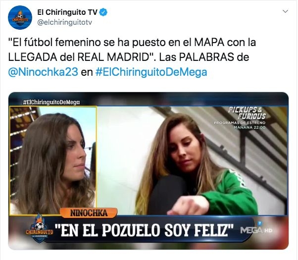 Tweet de El Chiringuito con las declaraciones de Ninochka sobre el Real Madrid